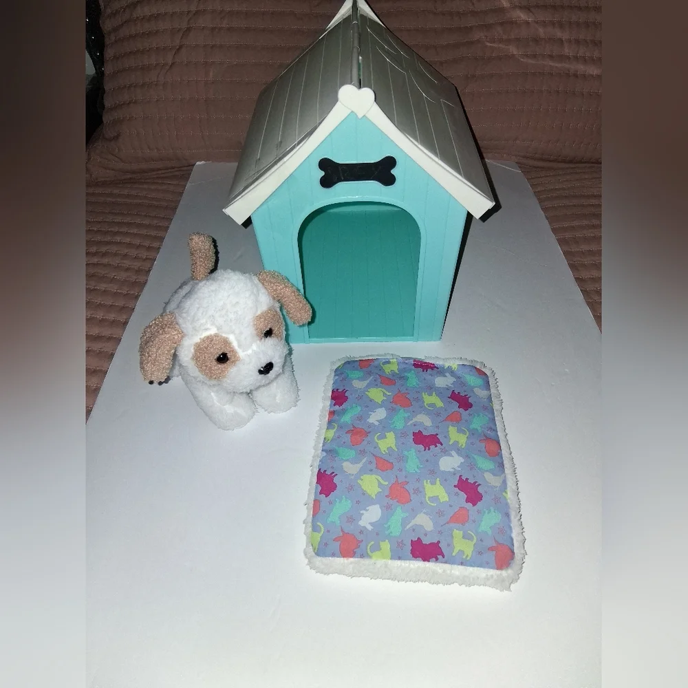 Our Generation Aqua and White Dog House Set with Plush Toy Pre-owned Good Condit